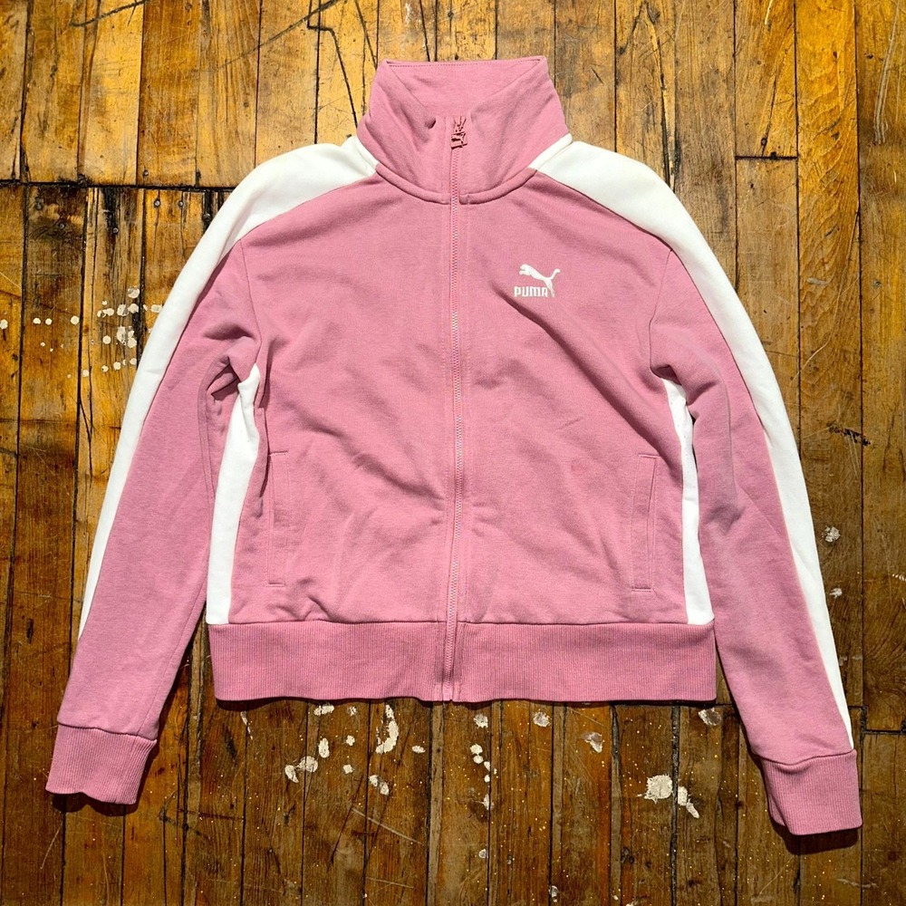Puma Track Jacket Womens Medium Pink White Embroidered Logo Long Sleeve Full Zip